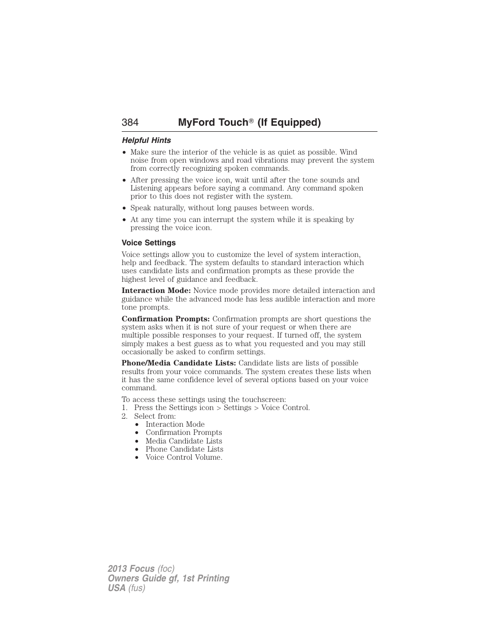 Helpful hints, Voice settings, 384 myford touch ா (if equipped) | FORD 2013 Focus v.1 User Manual | Page 384 / 475