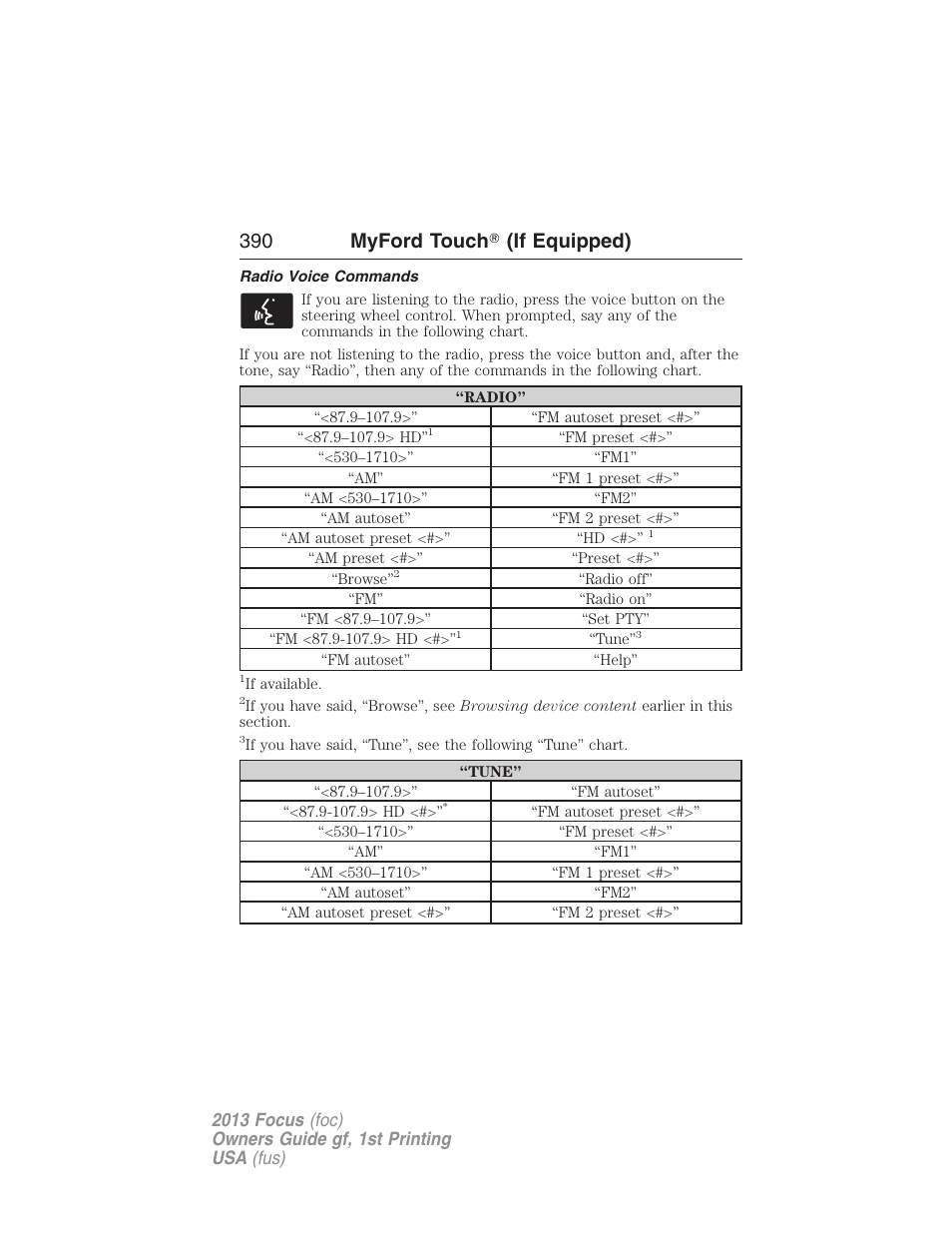 Radio voice commands, 390 myford touch ா (if equipped) | FORD 2013 Focus v.1 User Manual | Page 390 / 475