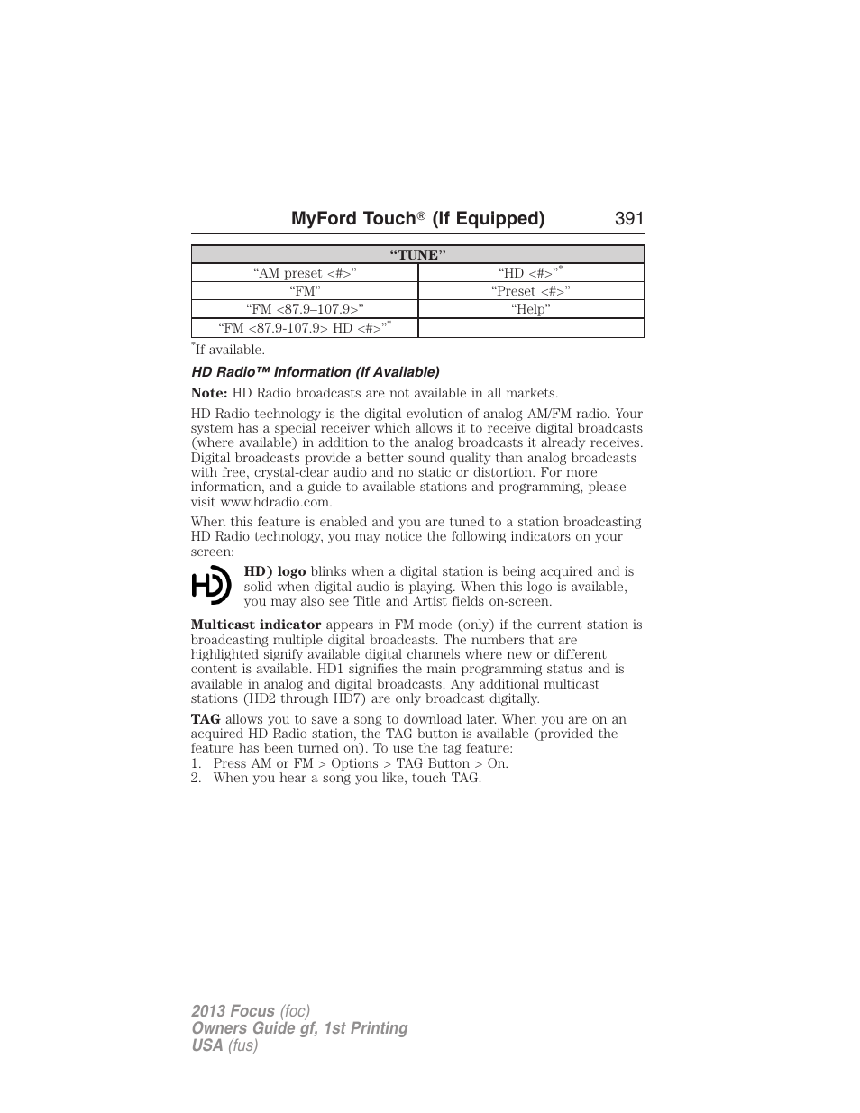 Hd radio™ information (if available), Myford touch ா (if equipped) 391 | FORD 2013 Focus v.1 User Manual | Page 391 / 475