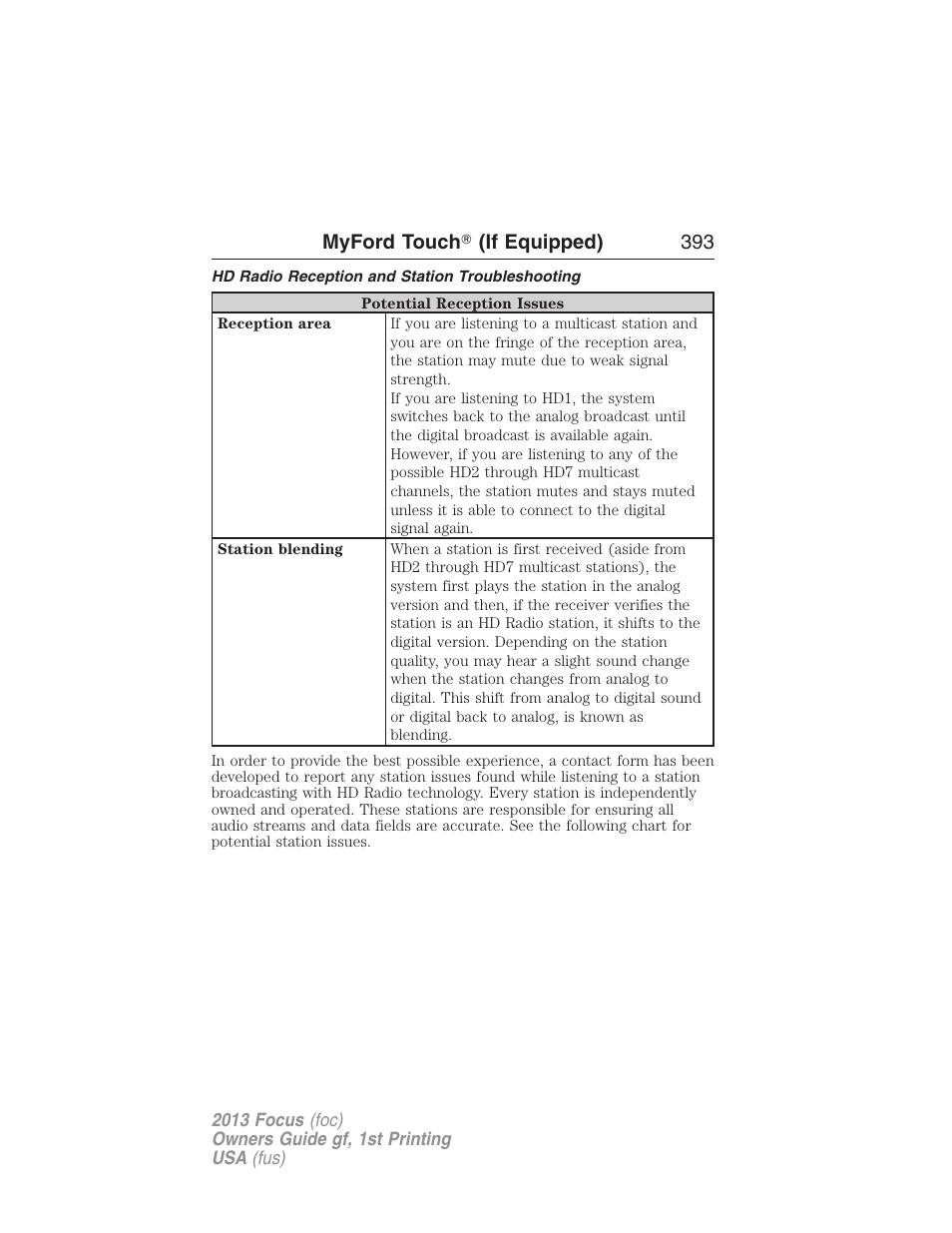 Hd radio reception and station troubleshooting | FORD 2013 Focus v.1 User Manual | Page 393 / 475