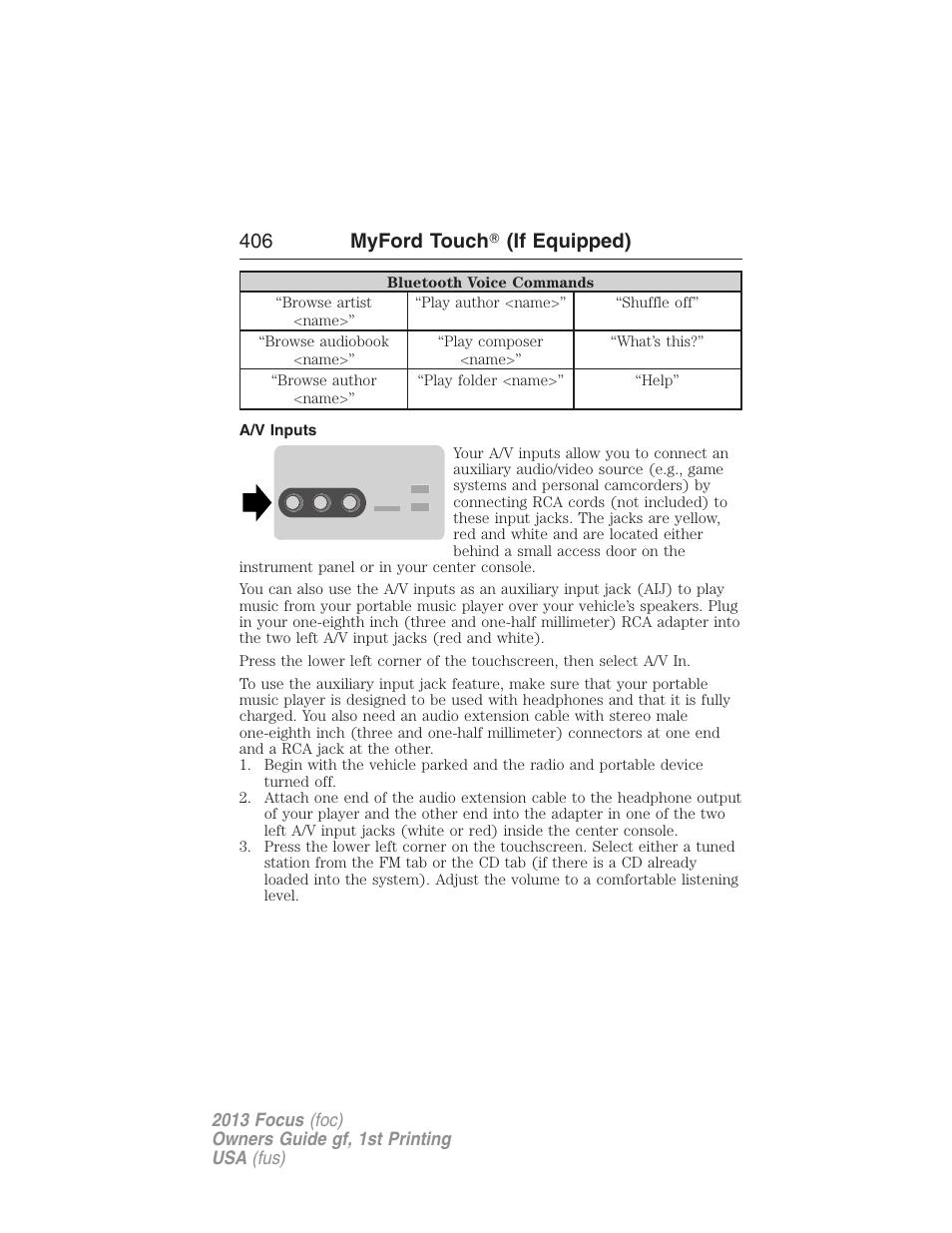 A/v inputs, 406 myford touch ா (if equipped) | FORD 2013 Focus v.1 User Manual | Page 406 / 475