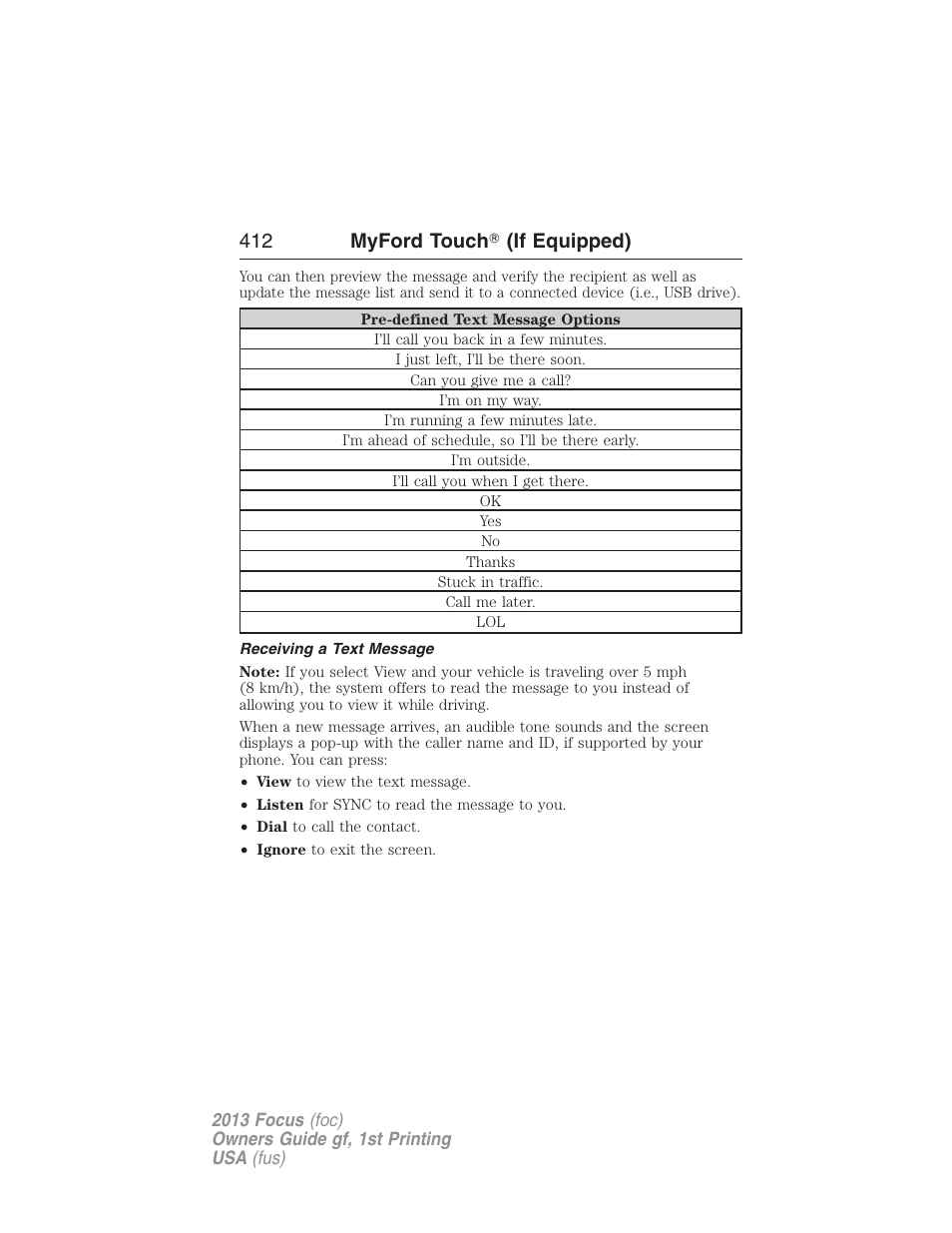 Receiving a text message, 412 myford touch ா (if equipped) | FORD 2013 Focus v.1 User Manual | Page 412 / 475
