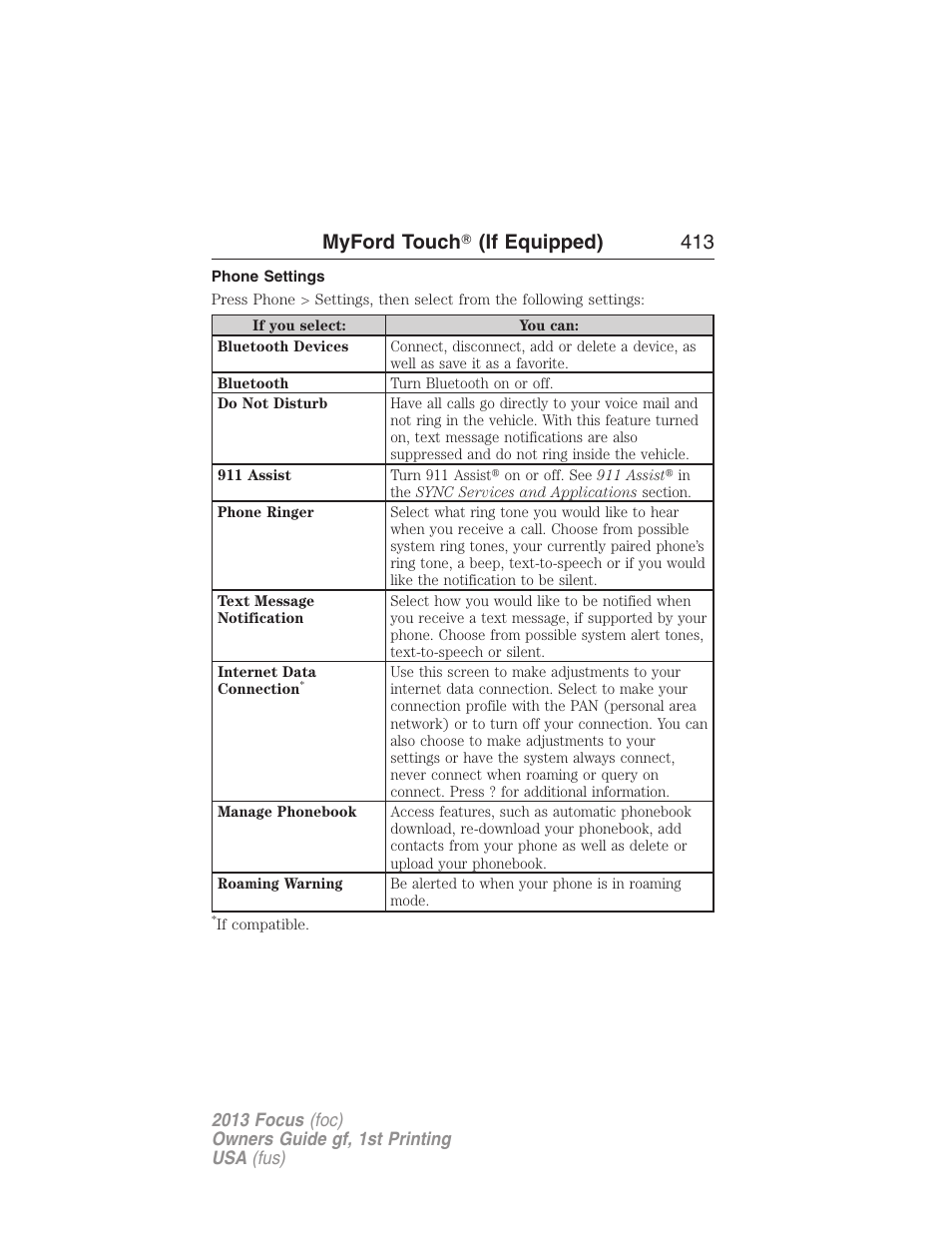 Phone settings, Myford touch ா (if equipped) 413 | FORD 2013 Focus v.1 User Manual | Page 413 / 475