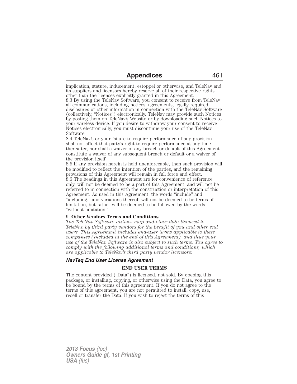 Navteq end user license agreement | FORD 2013 Focus v.1 User Manual | Page 461 / 475