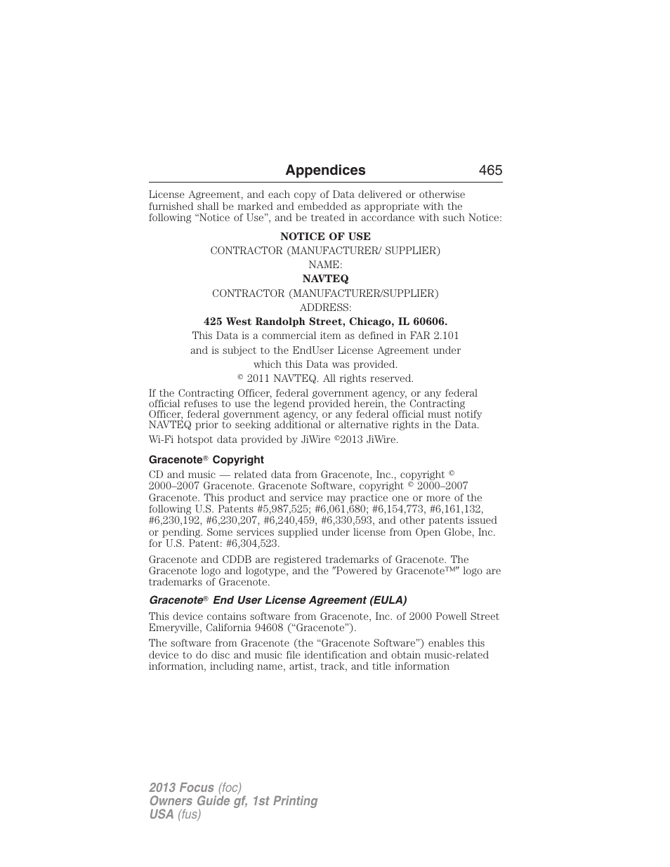 Gracenote? copyright, Gracenote? end user license agreement (eula), Appendices 465 | FORD 2013 Focus v.1 User Manual | Page 465 / 475