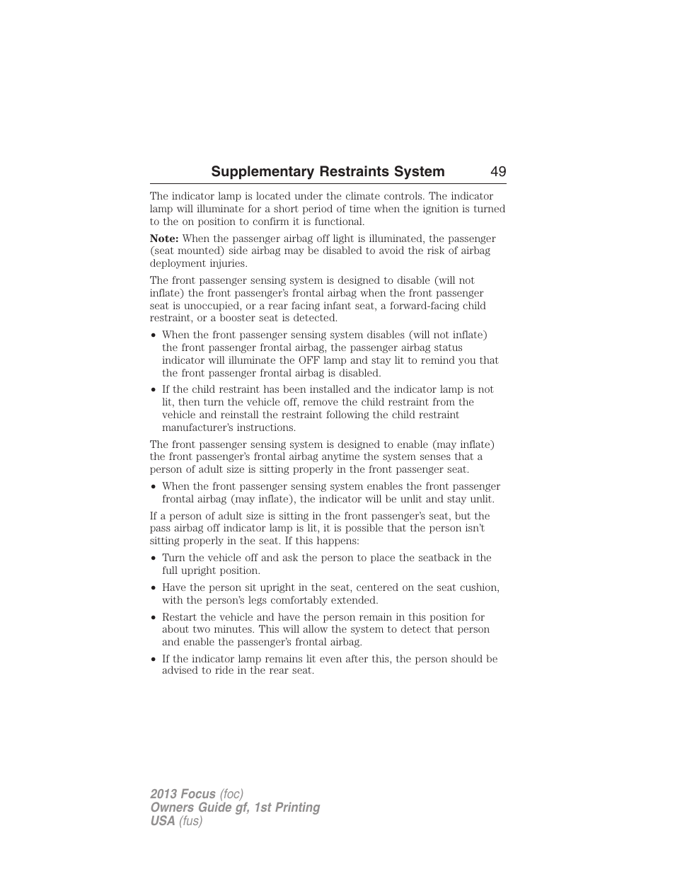 Supplementary restraints system 49 | FORD 2013 Focus v.1 User Manual | Page 49 / 475