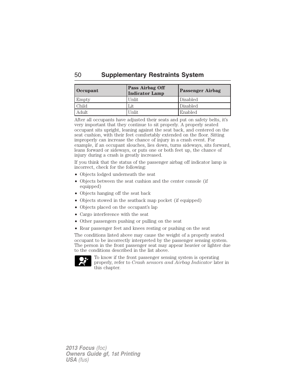 50 supplementary restraints system | FORD 2013 Focus v.1 User Manual | Page 50 / 475