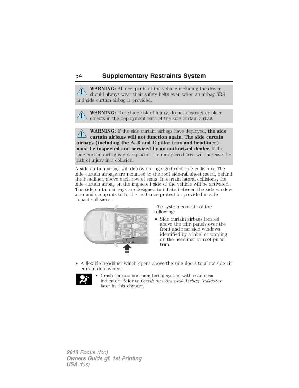 54 supplementary restraints system | FORD 2013 Focus v.1 User Manual | Page 54 / 475