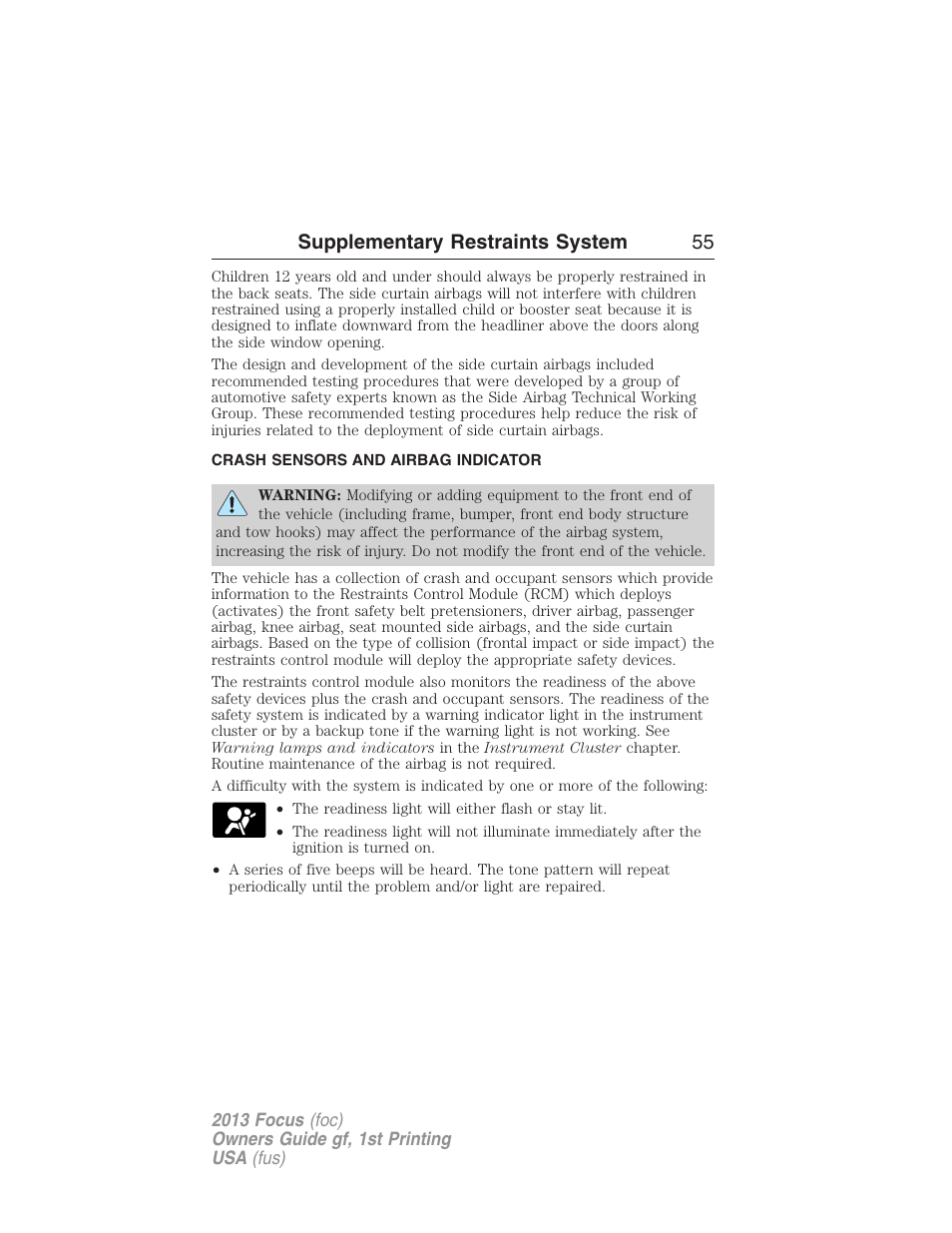 Crash sensors and airbag indicator, Supplementary restraints system 55 | FORD 2013 Focus v.1 User Manual | Page 55 / 475
