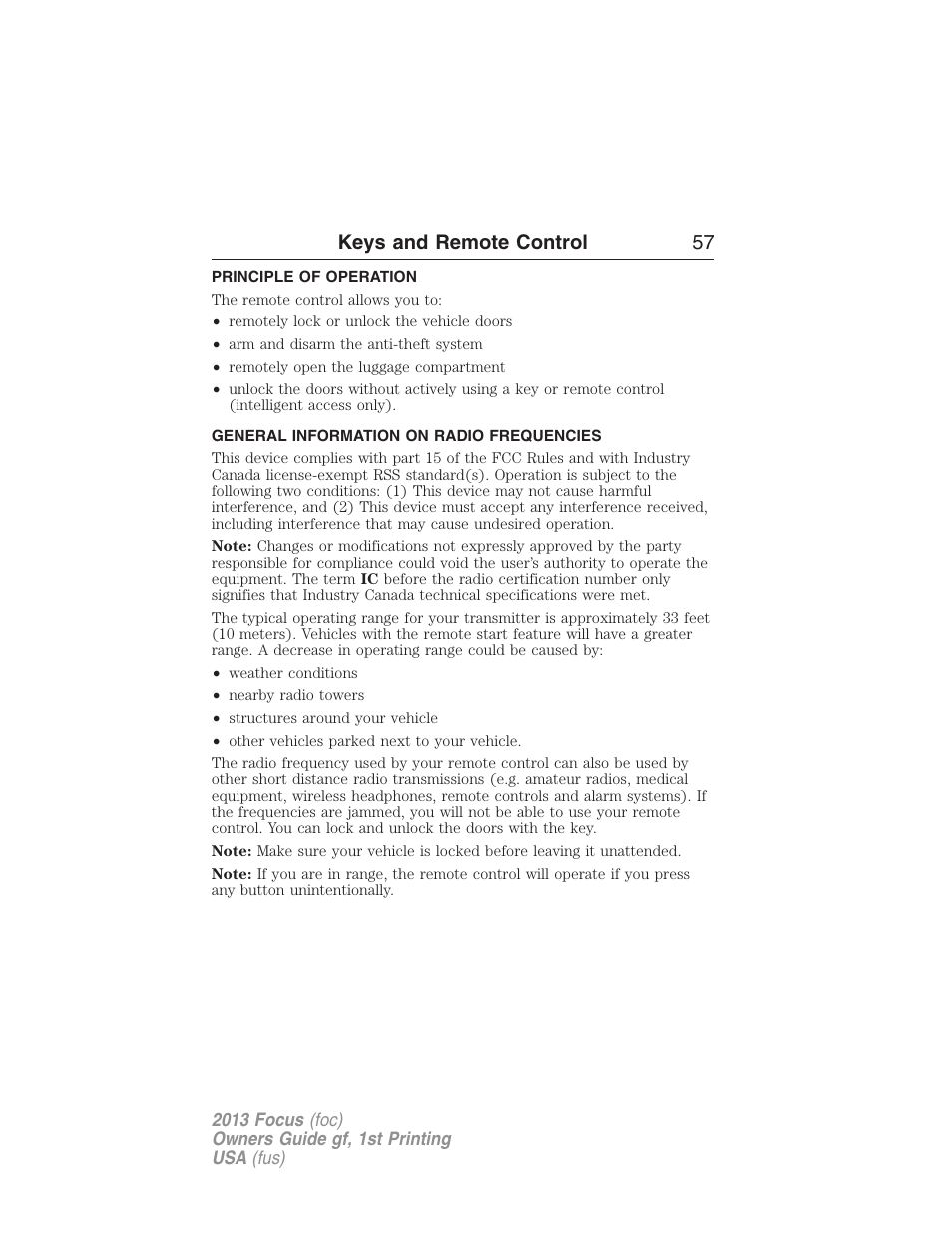 Keys and remote control, Principle of operation, General information on radio frequencies | Keys and remote control 57 | FORD 2013 Focus v.1 User Manual | Page 57 / 475