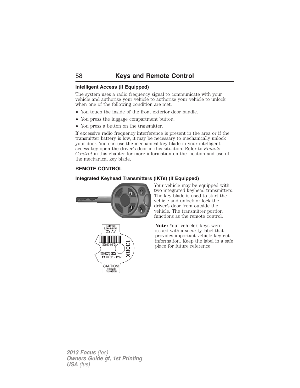 Intelligent access (if equipped), Remote control, Keys | 58 keys and remote control | FORD 2013 Focus v.1 User Manual | Page 58 / 475