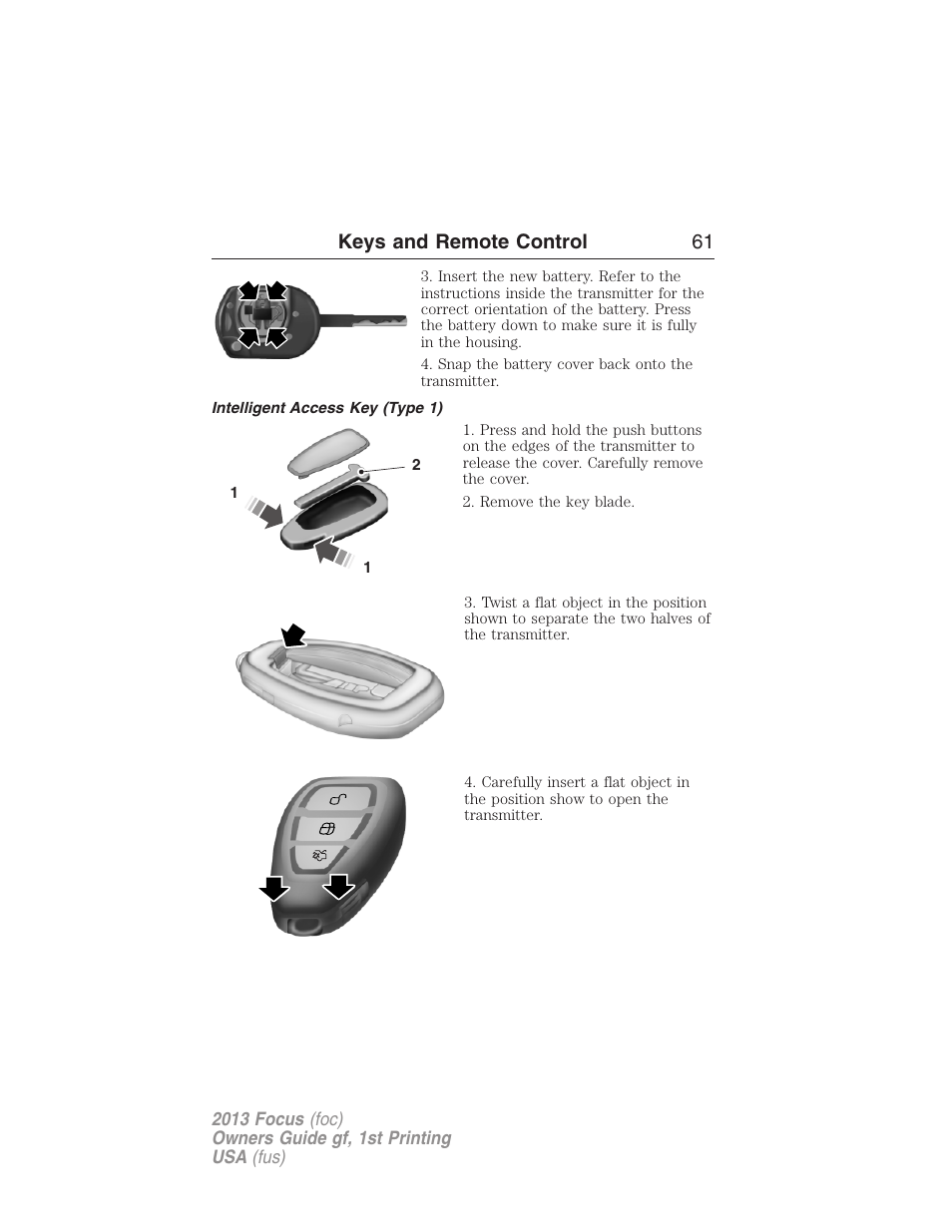 Intelligent access key (type 1), Keys and remote control 61 | FORD 2013 Focus v.1 User Manual | Page 61 / 475