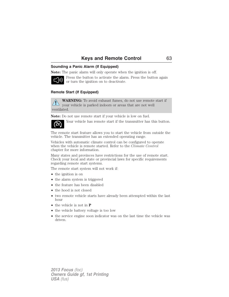 Sounding a panic alarm (if equipped), Remote start (if equipped), Keys and remote control 63 | FORD 2013 Focus v.1 User Manual | Page 63 / 475