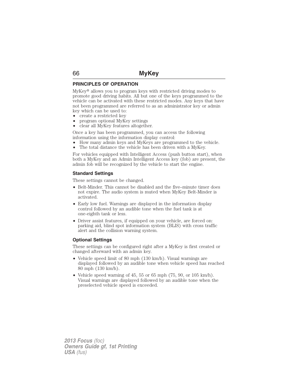 Mykey, Principles of operation, Standard settings | Optional settings, Settings, mykey, 66 mykey | FORD 2013 Focus v.1 User Manual | Page 66 / 475