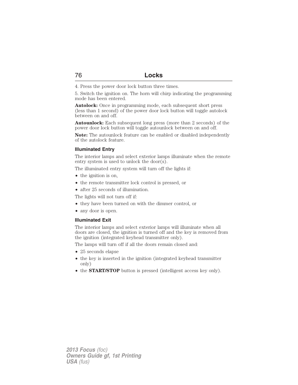 Illuminated entry, Illuminated exit, 76 locks | FORD 2013 Focus v.1 User Manual | Page 76 / 475