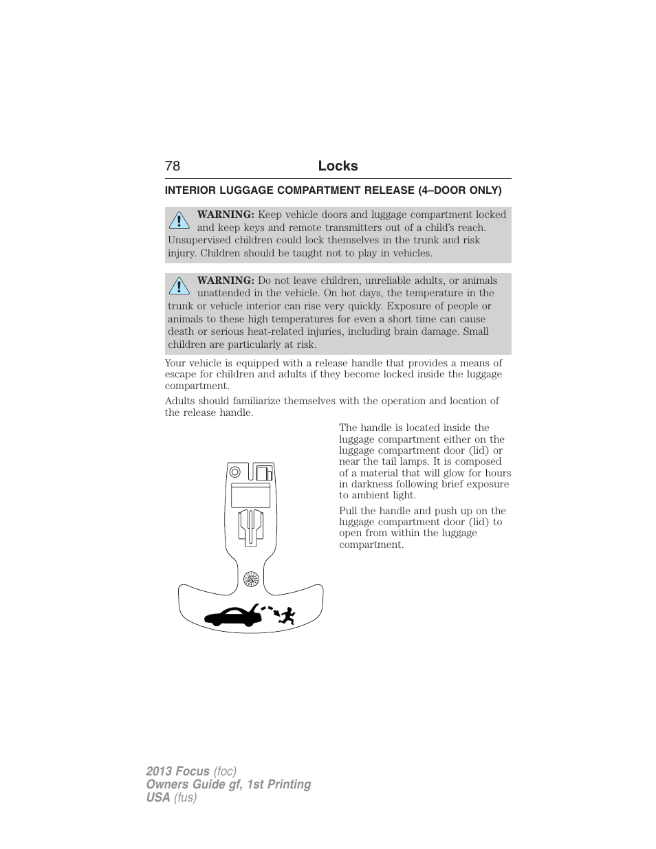 Interior luggage compartment release (4–door only), Interior luggage compartment release, 78 locks | FORD 2013 Focus v.1 User Manual | Page 78 / 475