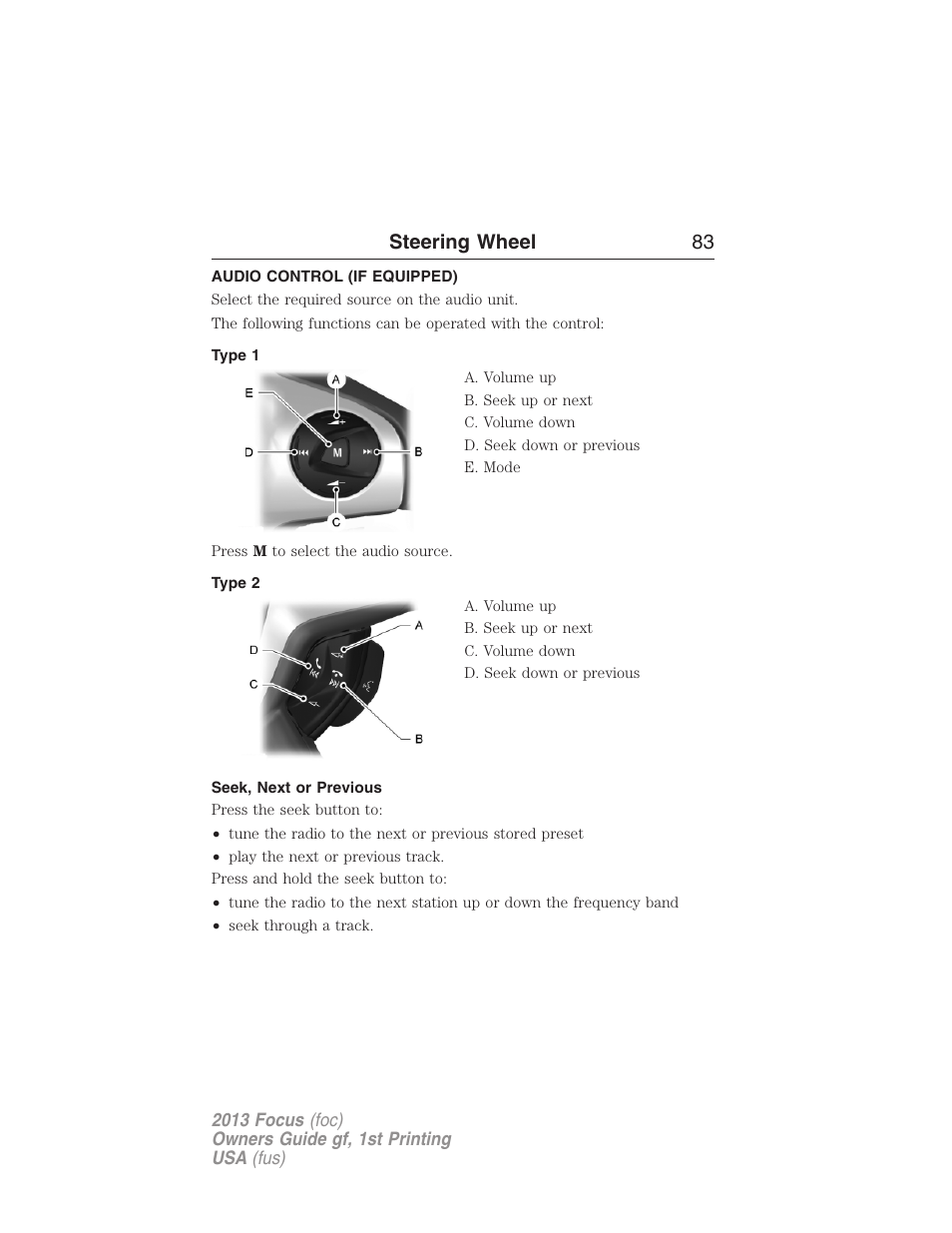 Audio control (if equipped), Type 1, Type 2 | Seek, next or previous, Steering wheel controls, Steering wheel 83 | FORD 2013 Focus v.1 User Manual | Page 83 / 475