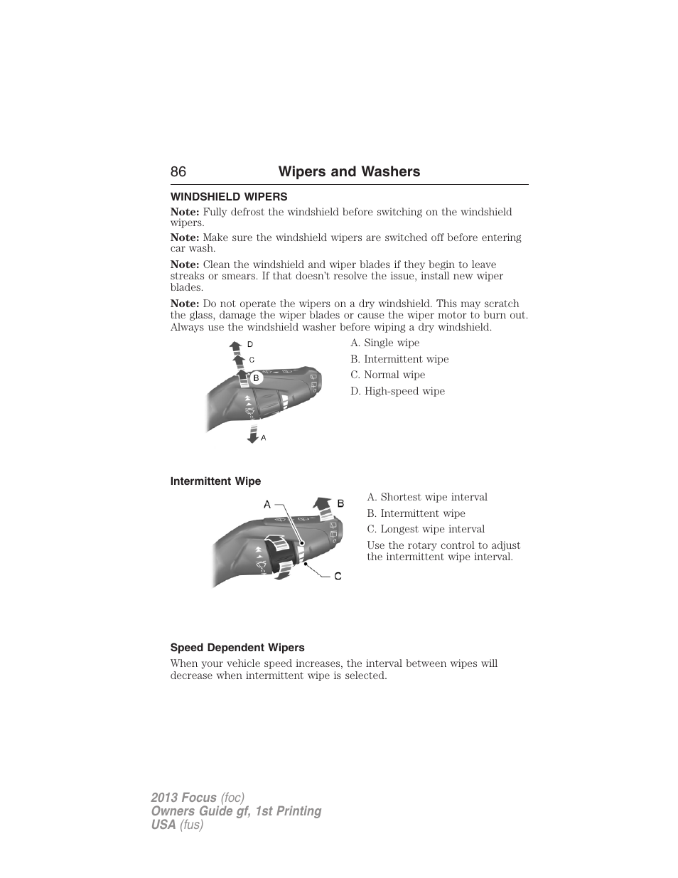 Wipers and washers, Windshield wipers, Intermittent wipe | Speed dependent wipers, 86 wipers and washers | FORD 2013 Focus v.1 User Manual | Page 86 / 475