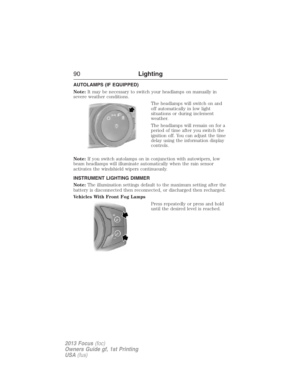 Autolamps (if equipped), Instrument lighting dimmer, Autolamps | 90 lighting | FORD 2013 Focus v.1 User Manual | Page 90 / 475