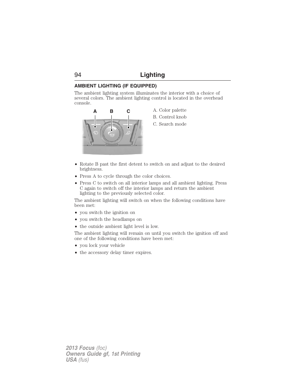 Ambient lighting (if equipped), Ambient lighting, 94 lighting | FORD 2013 Focus v.1 User Manual | Page 94 / 475