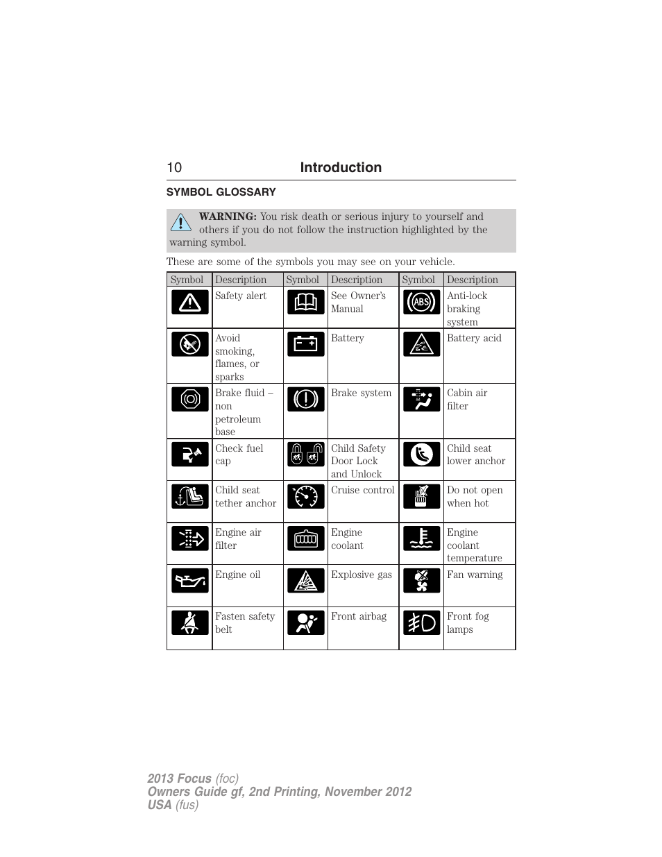 Symbol glossary, 10 introduction | FORD 2013 Focus v.2 User Manual | Page 11 / 487