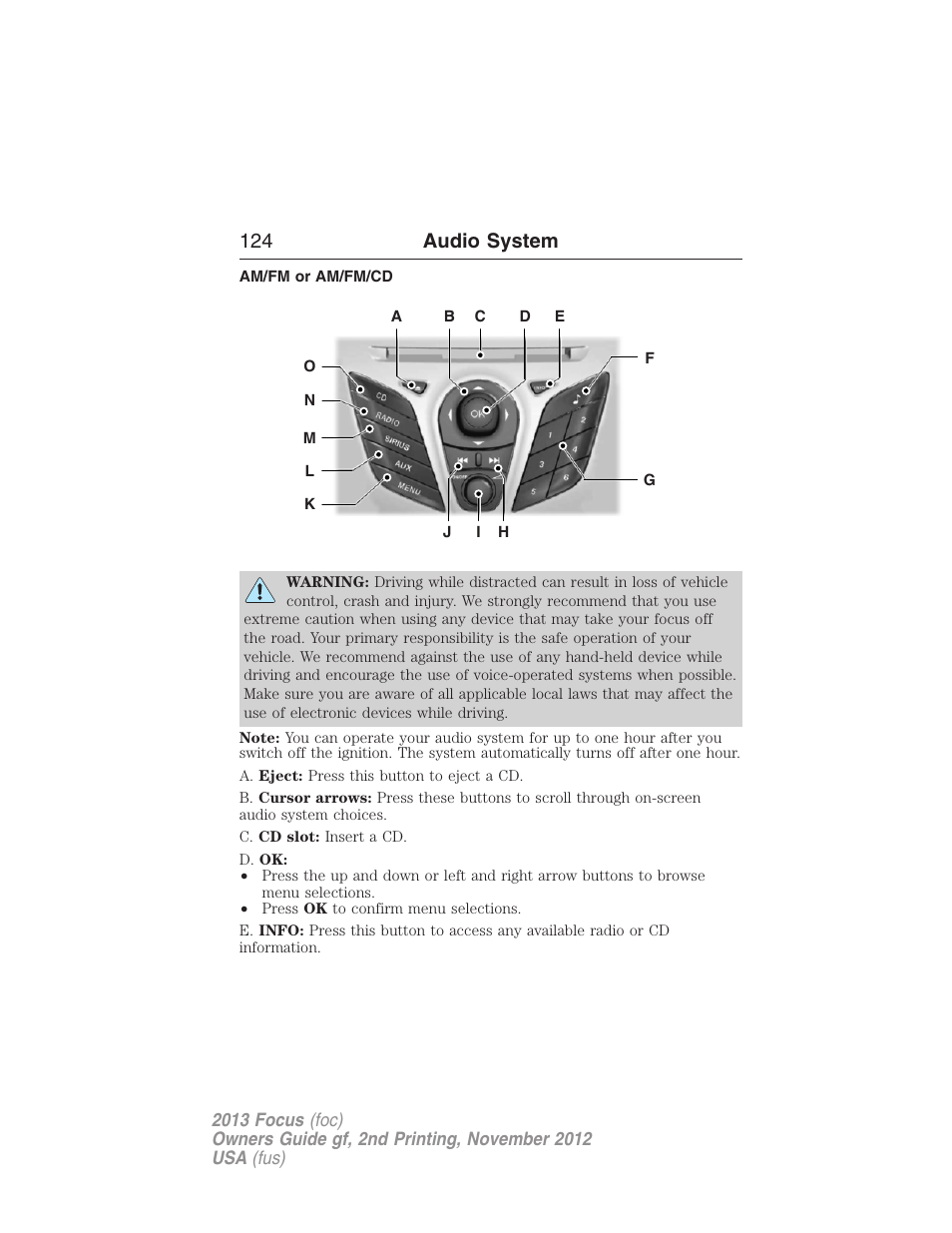 Am/fm or am/fm/cd, Am/fm stereo, 124 audio system | FORD 2013 Focus v.2 User Manual | Page 125 / 487