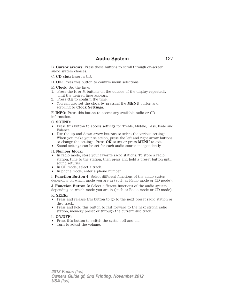 Audio system 127 | FORD 2013 Focus v.2 User Manual | Page 128 / 487