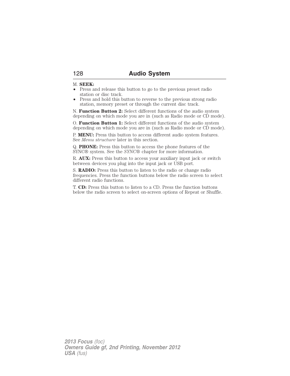 128 audio system | FORD 2013 Focus v.2 User Manual | Page 129 / 487