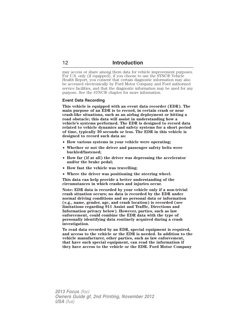 Event data recording, 12 introduction | FORD 2013 Focus v.2 User Manual | Page 13 / 487