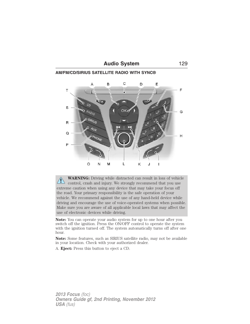 Am/fm/cd/sirius satellite radio with sync, Audio system 129 | FORD 2013 Focus v.2 User Manual | Page 130 / 487