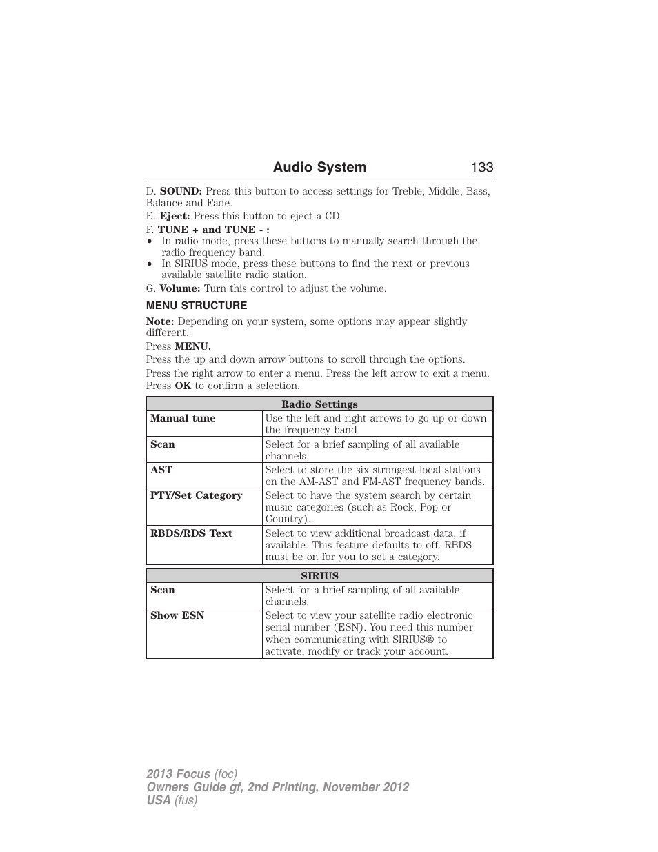 Menu structure, Audio system 133 | FORD 2013 Focus v.2 User Manual | Page 134 / 487