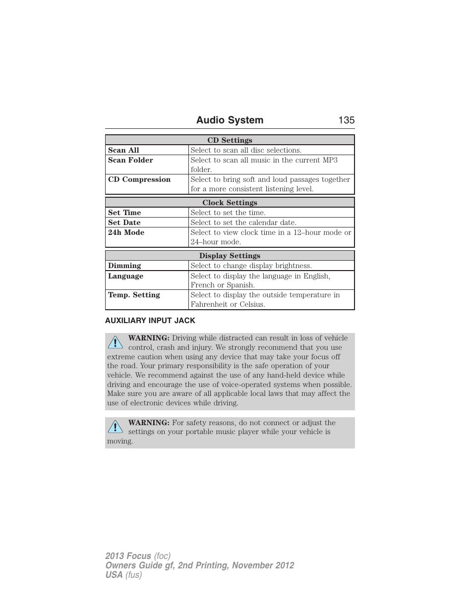 Auxiliary input jack, Audio system 135 | FORD 2013 Focus v.2 User Manual | Page 136 / 487