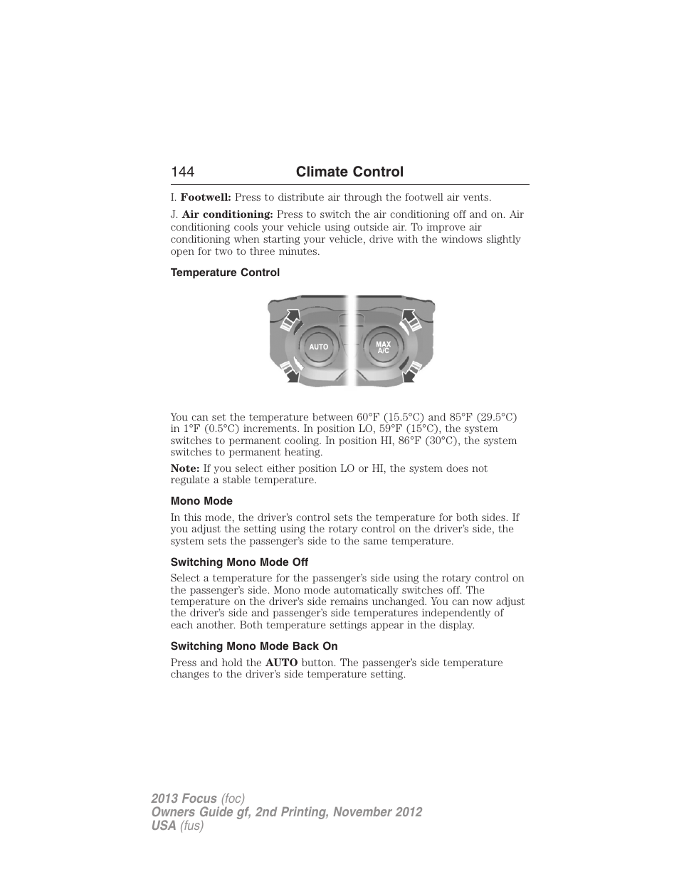 Temperature control, Mono mode, Switching mono mode off | Switching mono mode back on, 144 climate control | FORD 2013 Focus v.2 User Manual | Page 145 / 487