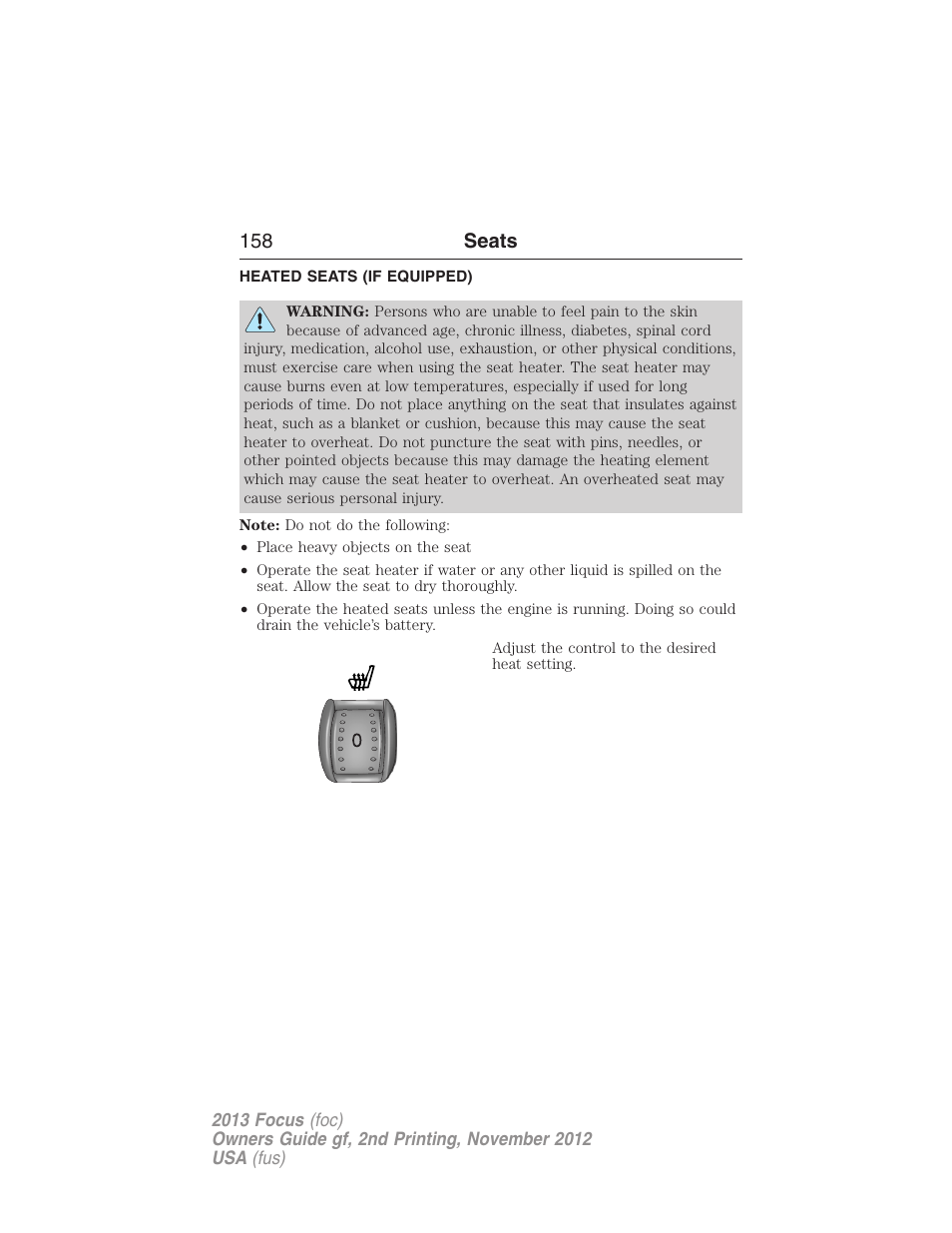 Heated seats (if equipped), Heated seats, 158 seats | FORD 2013 Focus v.2 User Manual | Page 159 / 487