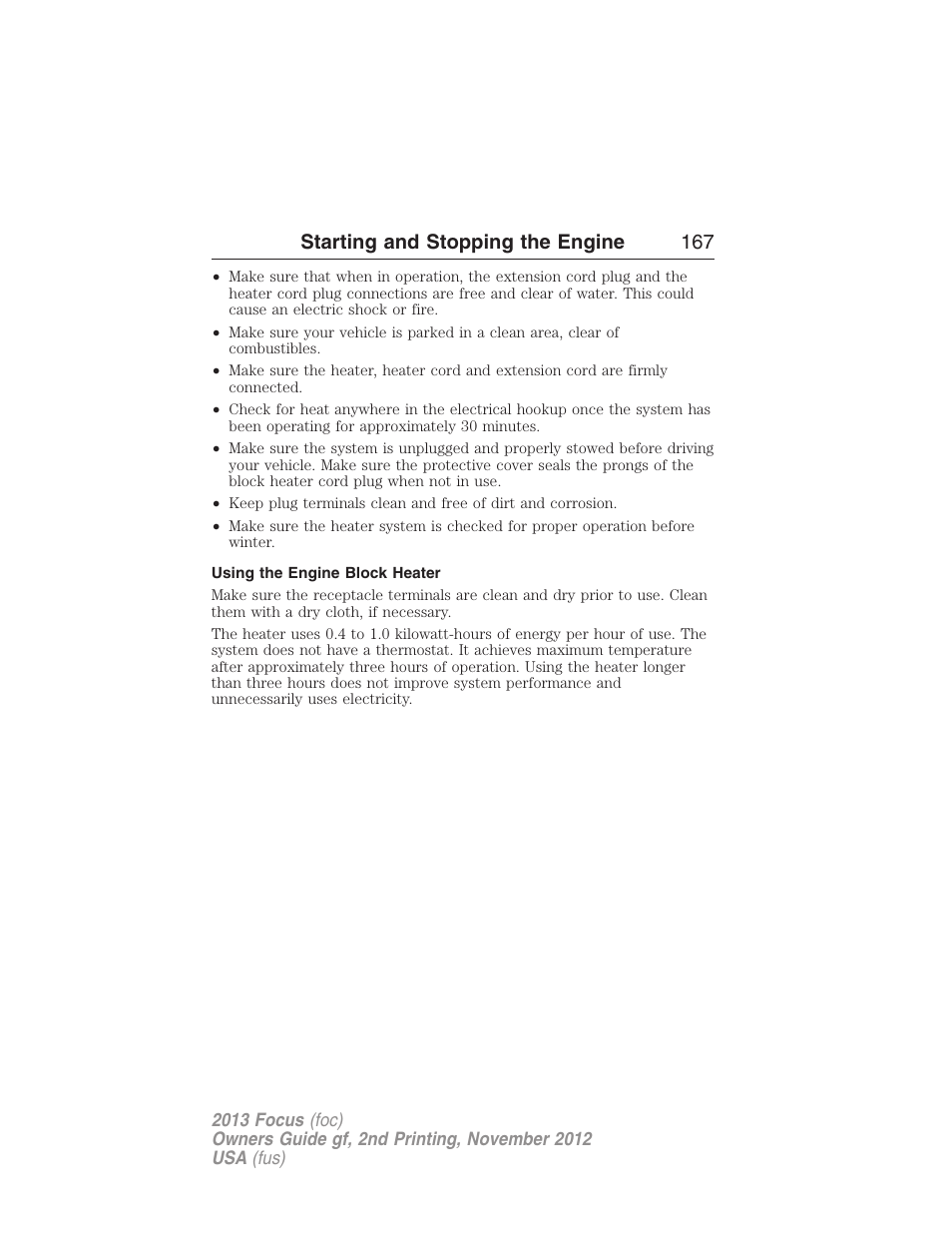 Using the engine block heater, Starting and stopping the engine 167 | FORD 2013 Focus v.2 User Manual | Page 168 / 487