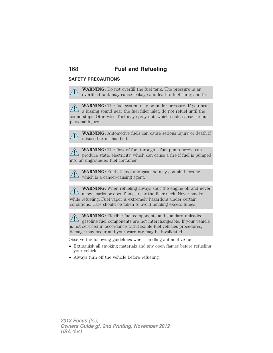 Fuel and refueling, Safety precautions, 168 fuel and refueling | FORD 2013 Focus v.2 User Manual | Page 169 / 487