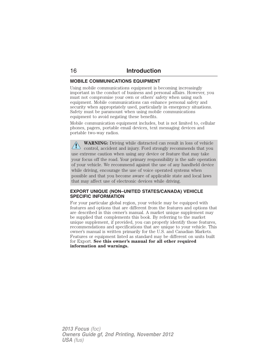 Mobile communications equipment, 16 introduction | FORD 2013 Focus v.2 User Manual | Page 17 / 487