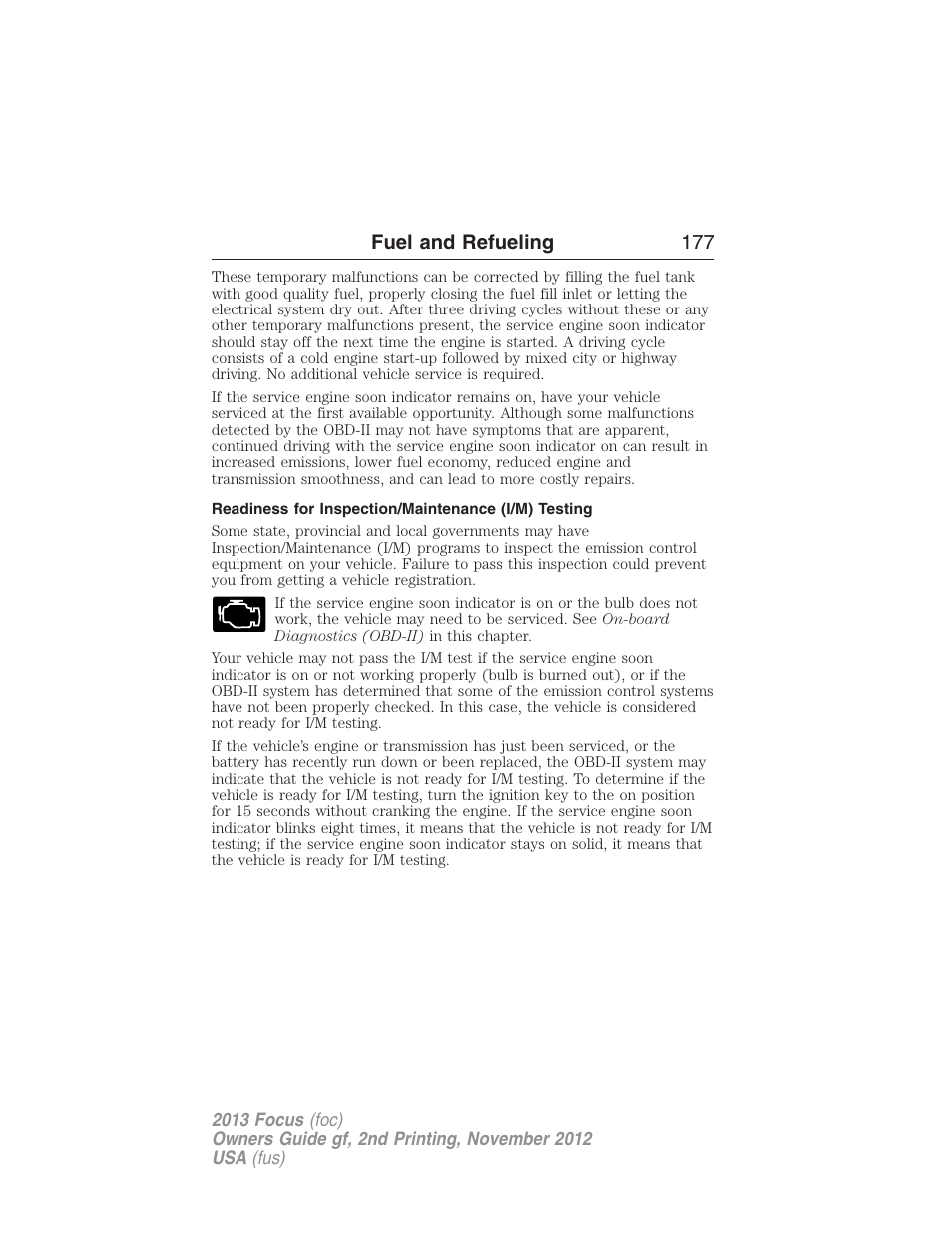 Readiness for inspection/maintenance (i/m) testing, Fuel and refueling 177 | FORD 2013 Focus v.2 User Manual | Page 178 / 487