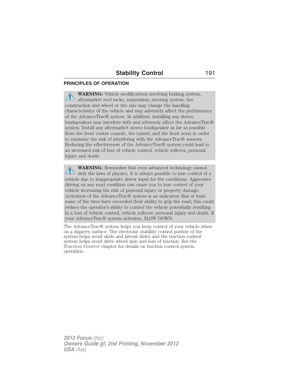 Stability control, Principles of operation, Advancetrac | Stability control 191 | FORD 2013 Focus v.2 User Manual | Page 192 / 487