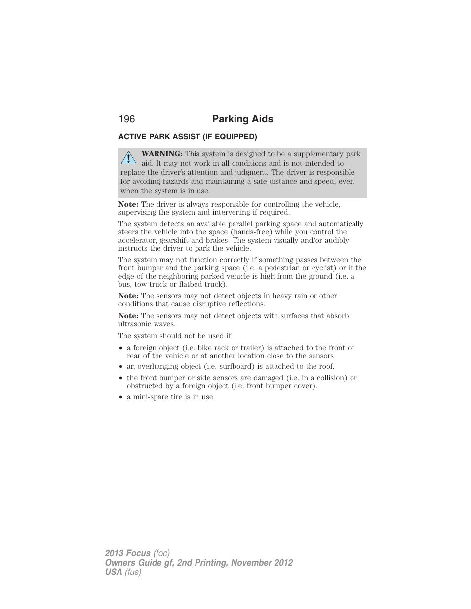 Active park assist (if equipped), Active park assist, 196 parking aids | FORD 2013 Focus v.2 User Manual | Page 197 / 487