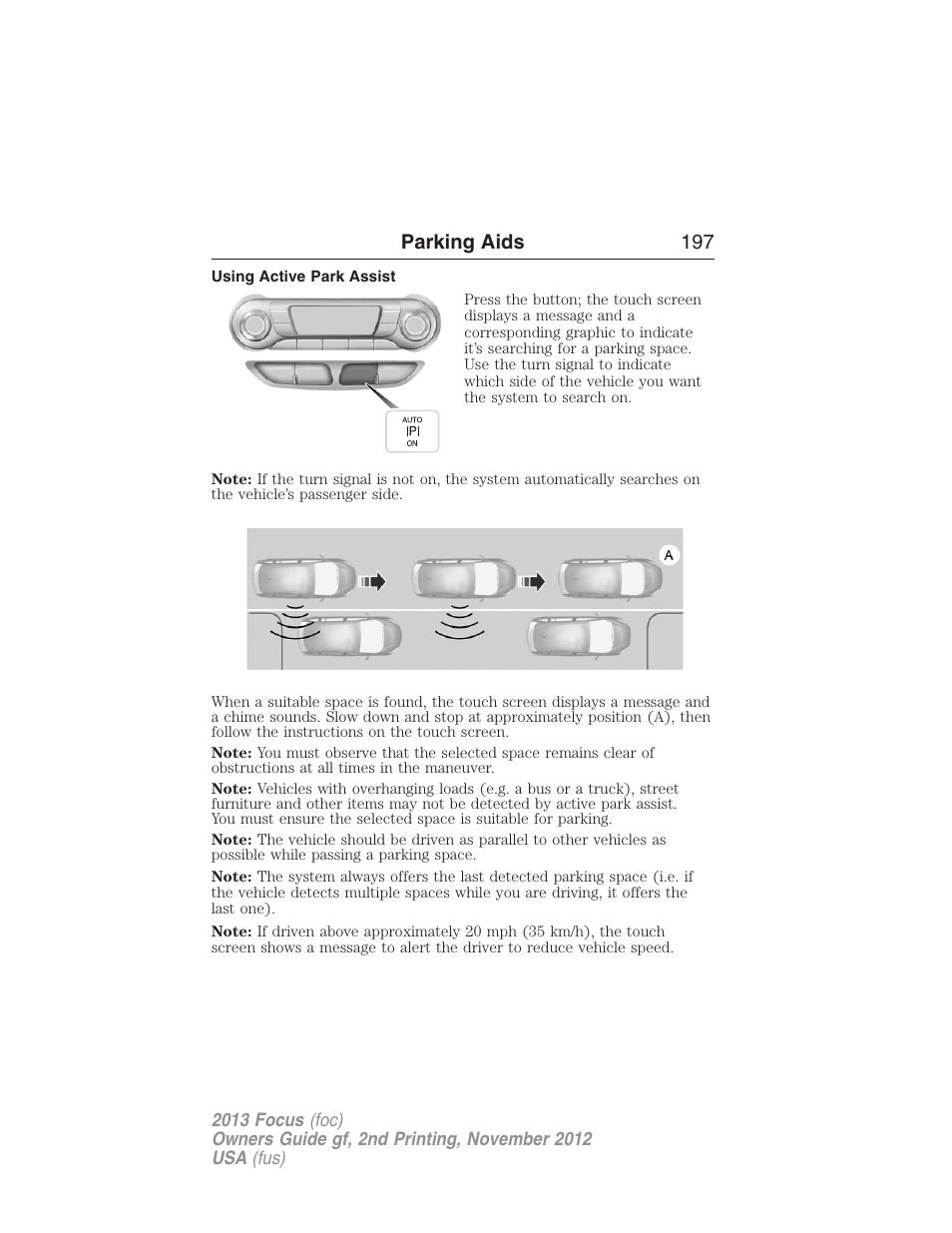 Using active park assist, Parking aids 197 | FORD 2013 Focus v.2 User Manual | Page 198 / 487