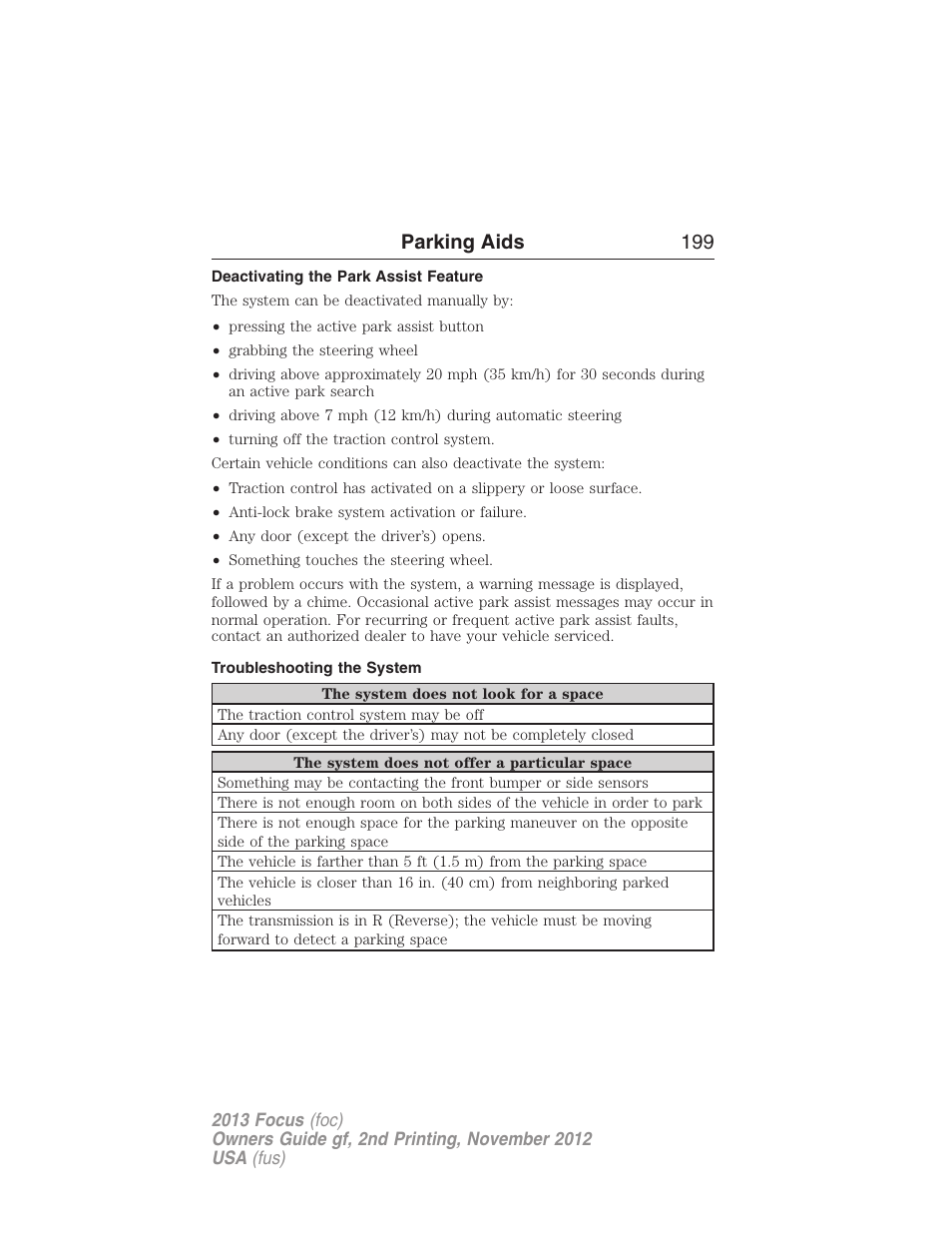 Deactivating the park assist feature, Troubleshooting the system, Parking aids 199 | FORD 2013 Focus v.2 User Manual | Page 200 / 487
