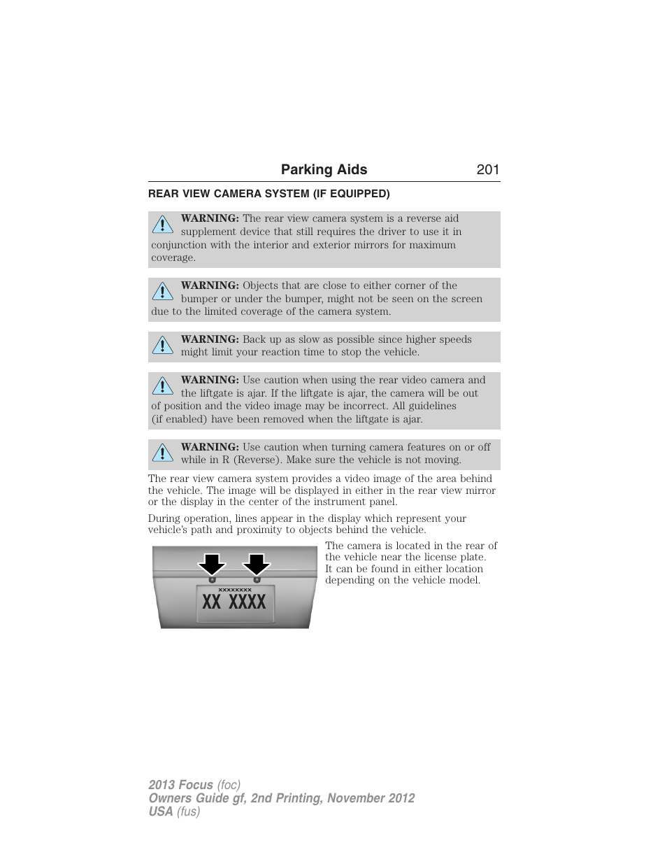 Rear view camera system (if equipped), Rear-view camera system, Parking aids 201 | FORD 2013 Focus v.2 User Manual | Page 202 / 487