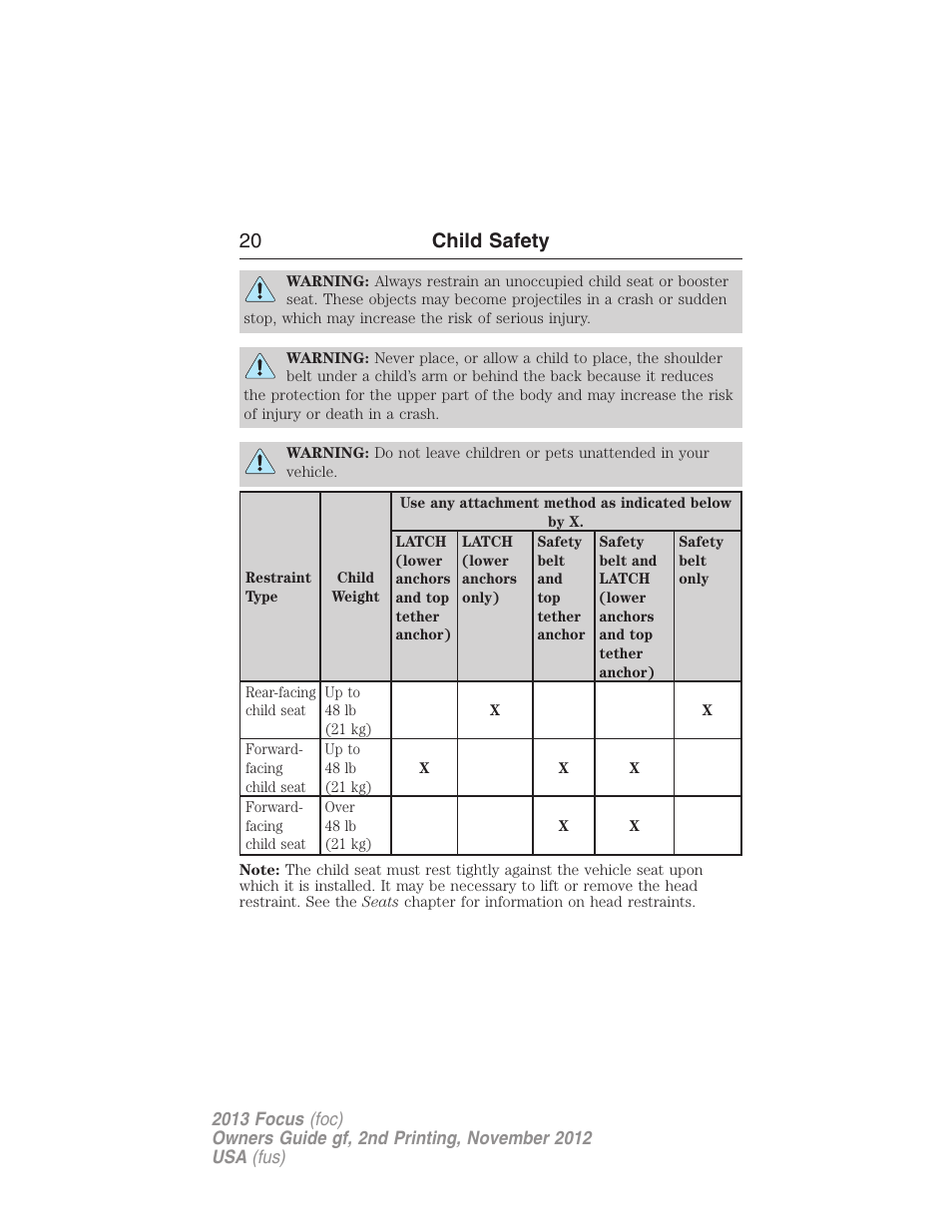 20 child safety | FORD 2013 Focus v.2 User Manual | Page 21 / 487