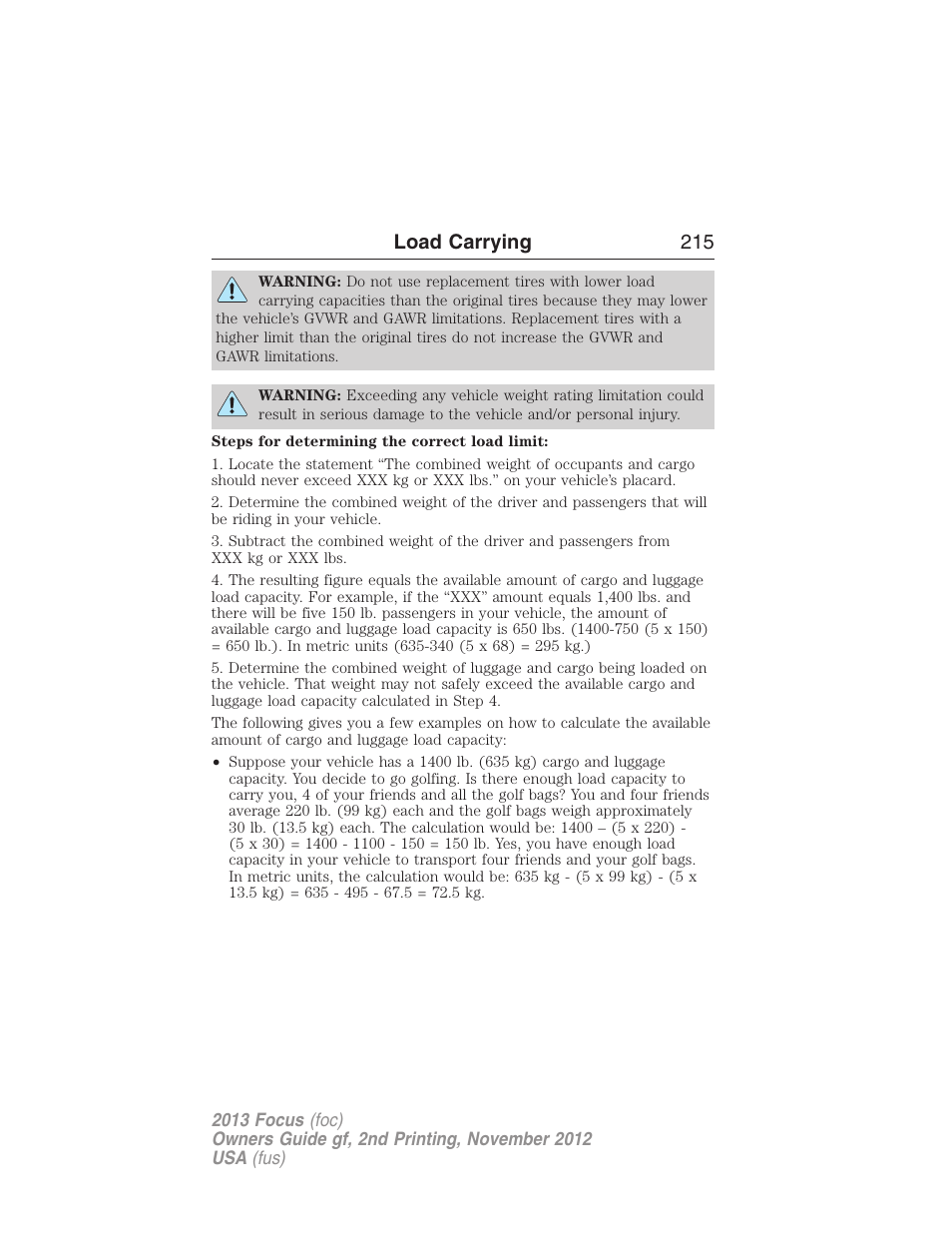 Load carrying 215 | FORD 2013 Focus v.2 User Manual | Page 216 / 487