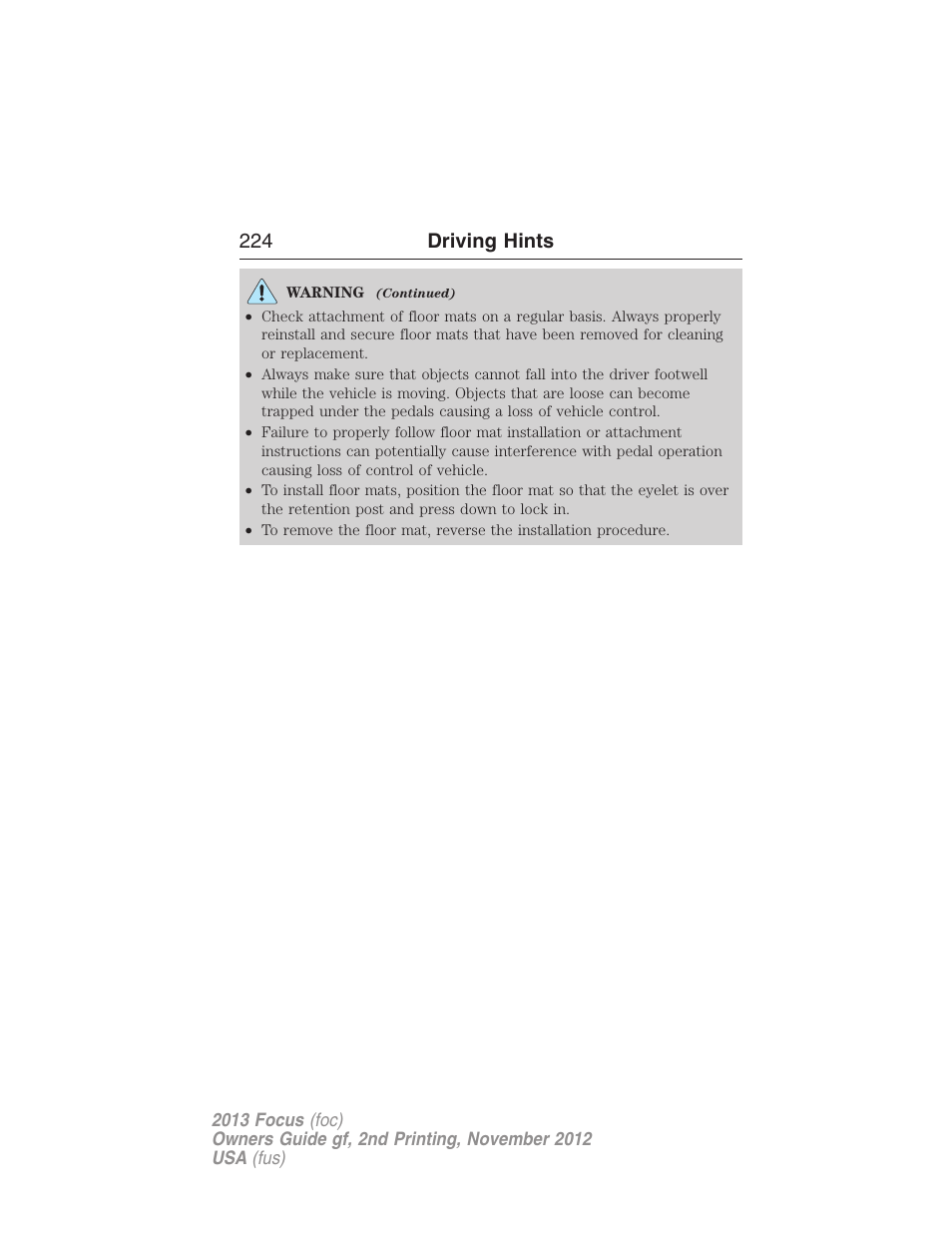 224 driving hints | FORD 2013 Focus v.2 User Manual | Page 225 / 487