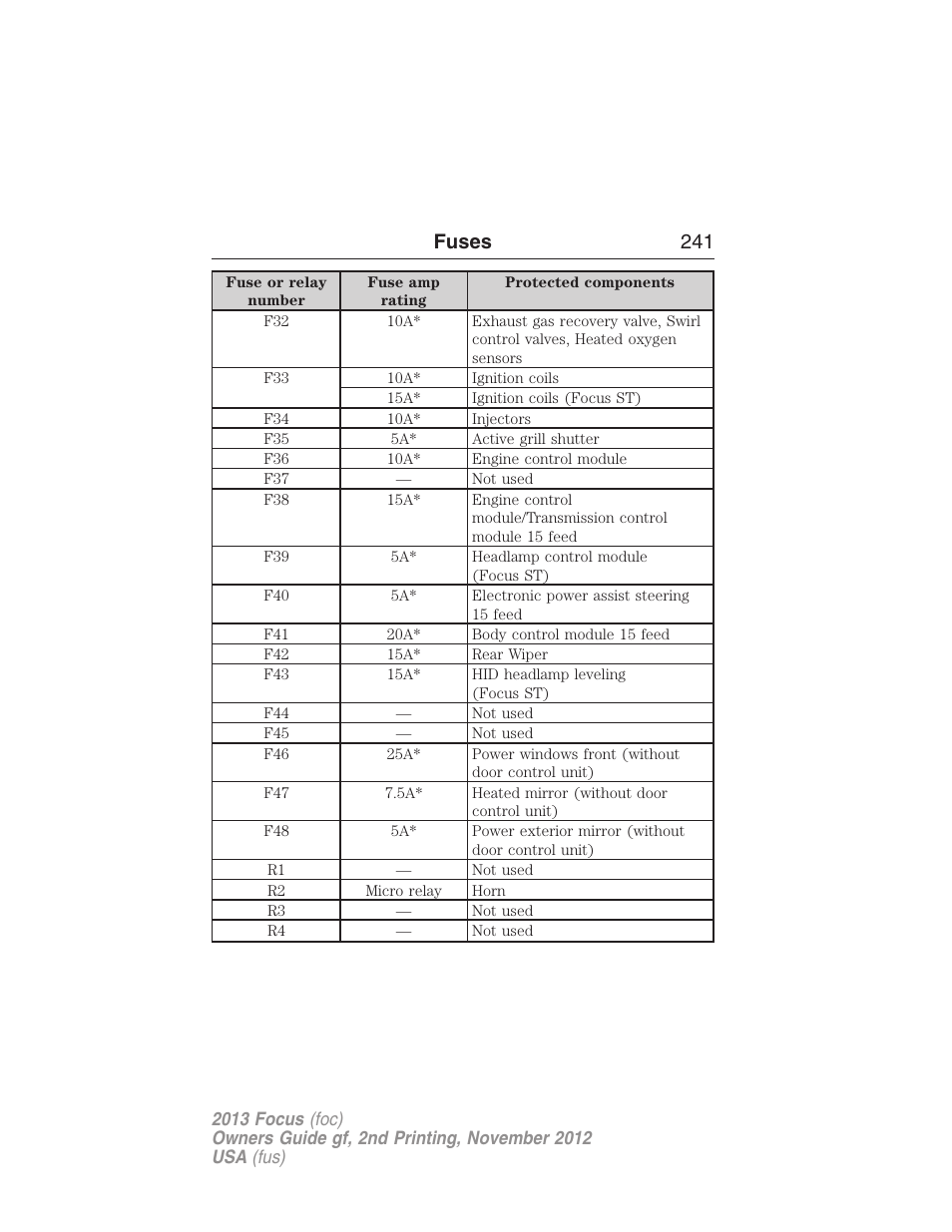 Fuses 241 | FORD 2013 Focus v.2 User Manual | Page 242 / 487