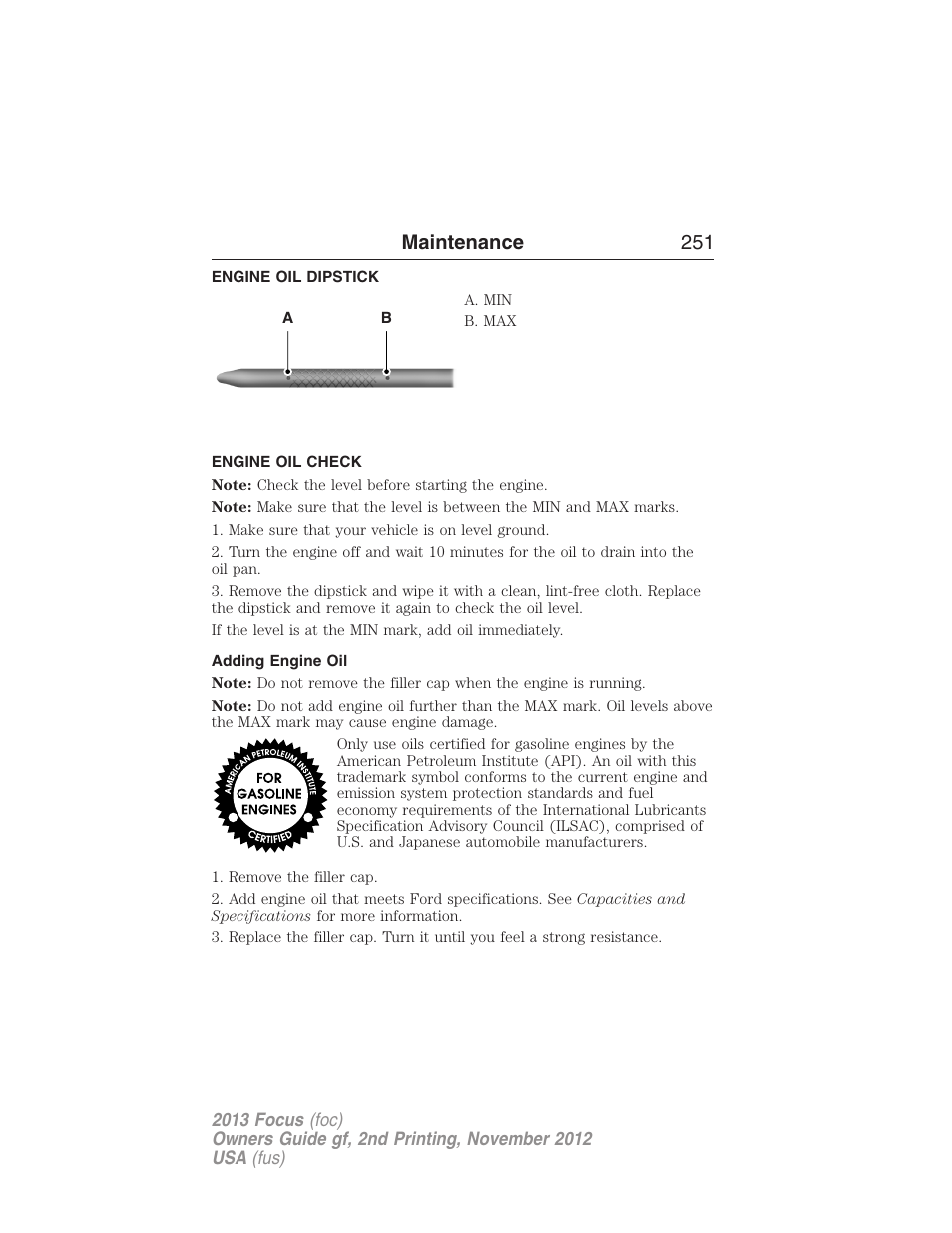 Engine oil dipstick, Engine oil check, Adding engine oil | Maintenance 251 | FORD 2013 Focus v.2 User Manual | Page 252 / 487