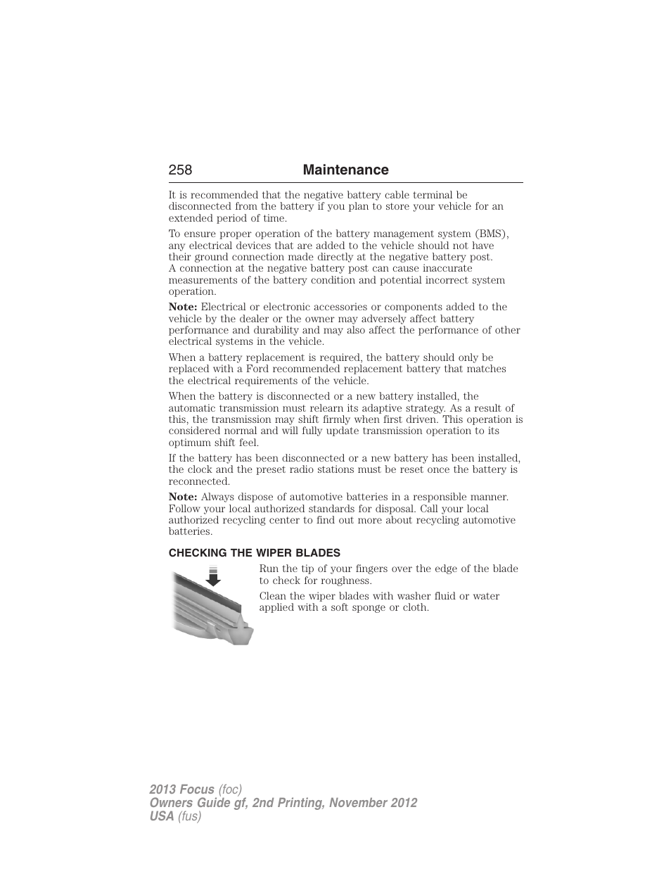 Checking the wiper blades, 258 maintenance | FORD 2013 Focus v.2 User Manual | Page 259 / 487