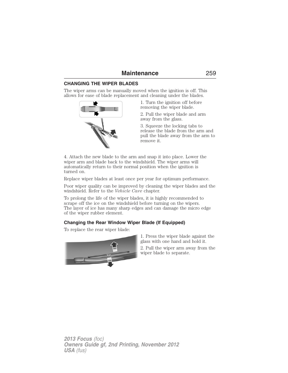 Changing the wiper blades, Changing the rear window wiper blade (if equipped), Maintenance 259 | FORD 2013 Focus v.2 User Manual | Page 260 / 487